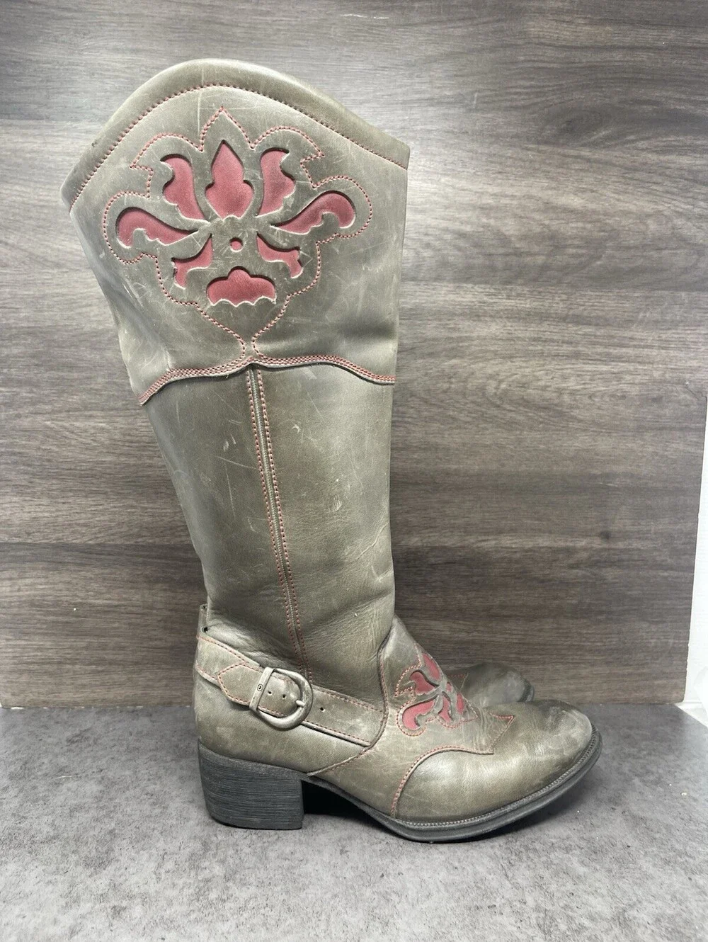BORN Moe Distressed Leather Wide Calf Boots Womens Size 6 Grey Red High Tall